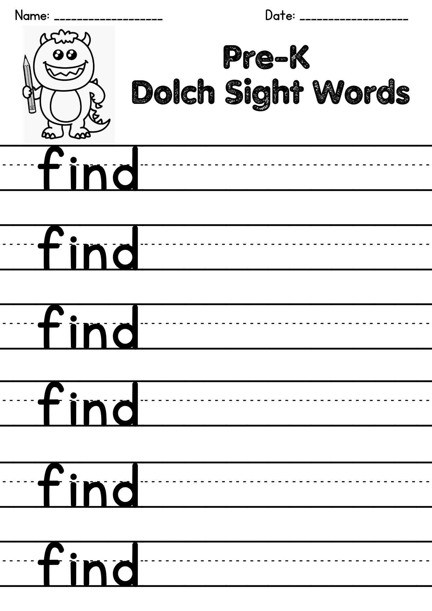 "find" Dolch Sight Word Writing Page – Free PDF Download